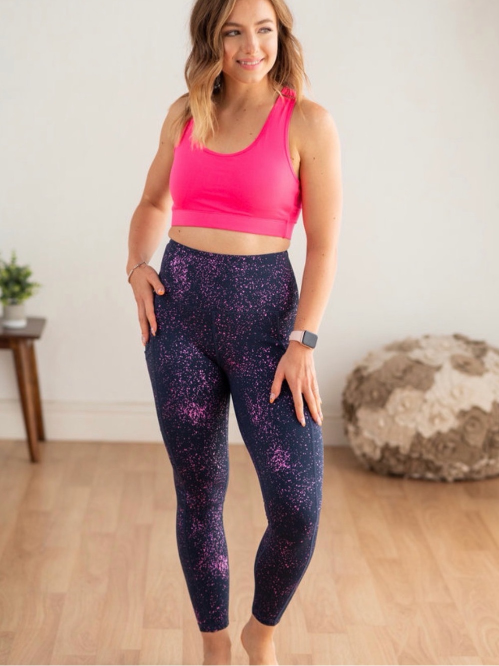 Love Her Shop Women's High-Waist Galaxy Print Leggings - Pink on Navy 7/8